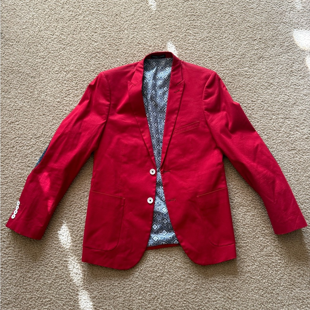 Paisley & Gray Red Blazer with Navy Blue and White Polka Dot Elbow Patches